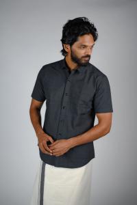 Commando Mens Cotton Solid Regular Fit Half Sleeve Shirt - Charcoal Black