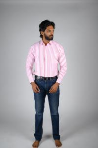 Commando Mens Cotton Striped Regular Fit Full Sleeve Shirt - Aurora Pink  Bright White